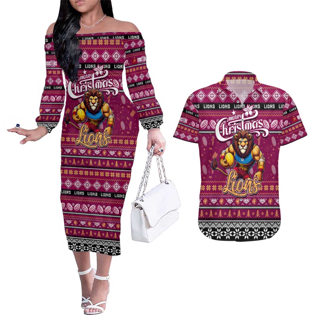 Personalized Lions Rugby Xmas Couples Matching Off The Shoulder Long Sleeve Dress and Hawaiian Shirt Australia AFL Mascot