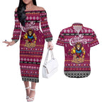 Personalized Lions Rugby Xmas Couples Matching Off The Shoulder Long Sleeve Dress and Hawaiian Shirt Australia AFL Mascot