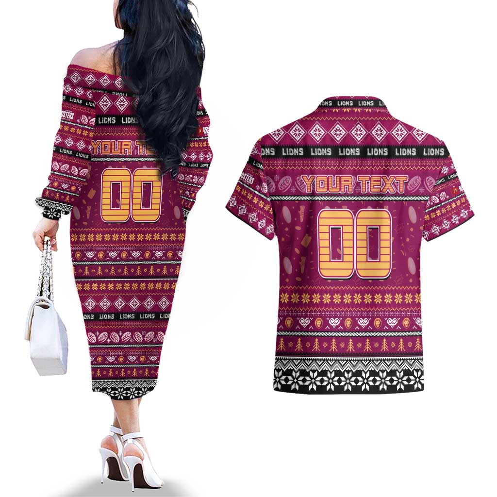 Personalized Lions Rugby Xmas Couples Matching Off The Shoulder Long Sleeve Dress and Hawaiian Shirt Australia AFL Mascot