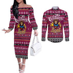 Personalized Lions Rugby Xmas Couples Matching Off The Shoulder Long Sleeve Dress and Long Sleeve Button Shirt Australia AFL Mascot