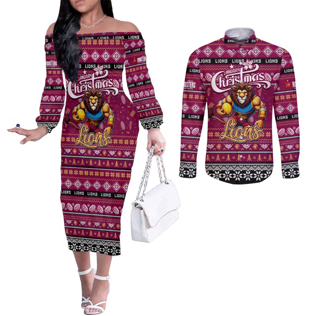 Personalized Lions Rugby Xmas Couples Matching Off The Shoulder Long Sleeve Dress and Long Sleeve Button Shirt Australia AFL Mascot