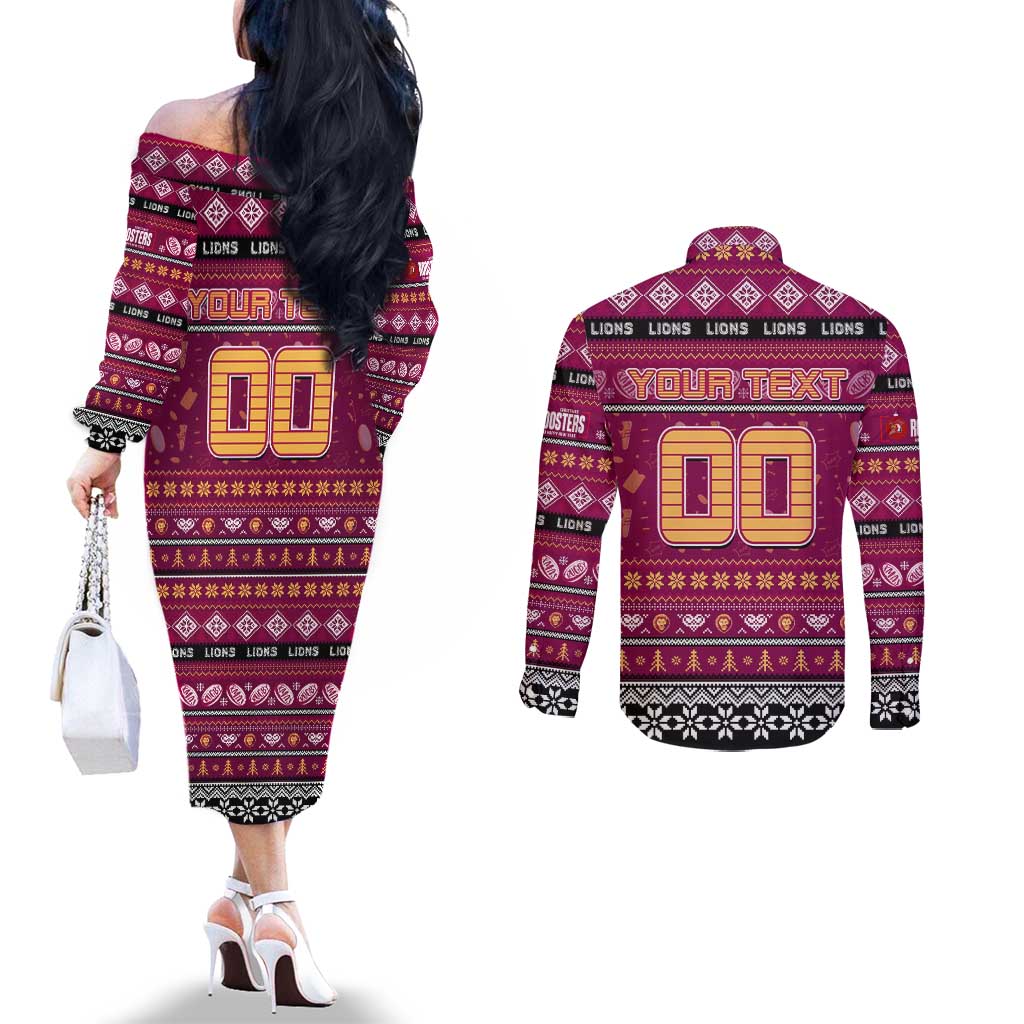 Personalized Lions Rugby Xmas Couples Matching Off The Shoulder Long Sleeve Dress and Long Sleeve Button Shirt Australia AFL Mascot