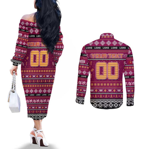 Personalized Lions Rugby Xmas Couples Matching Off The Shoulder Long Sleeve Dress and Long Sleeve Button Shirt Australia AFL Mascot