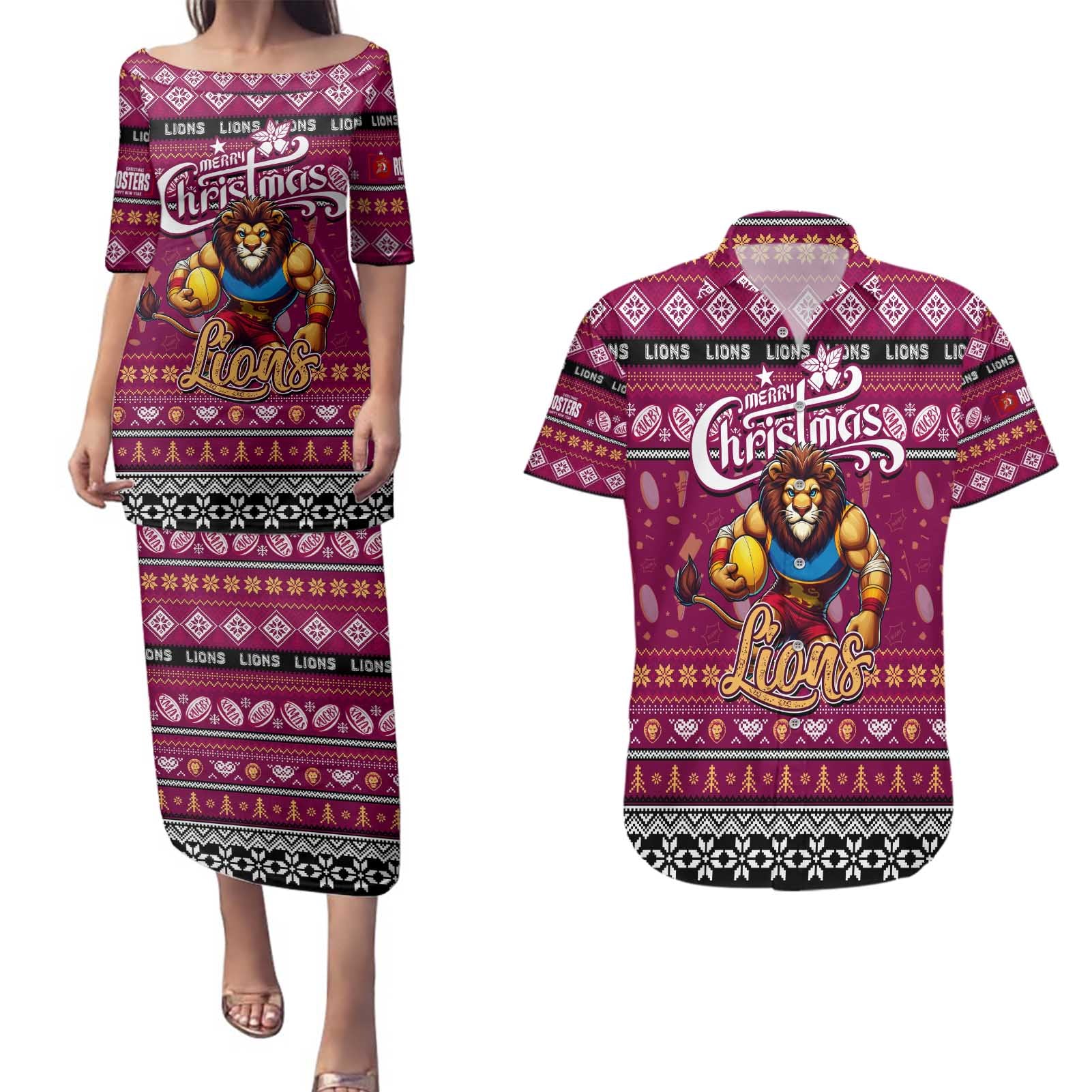 Personalized Lions Rugby Xmas Couples Matching Puletasi and Hawaiian Shirt Australia AFL Mascot
