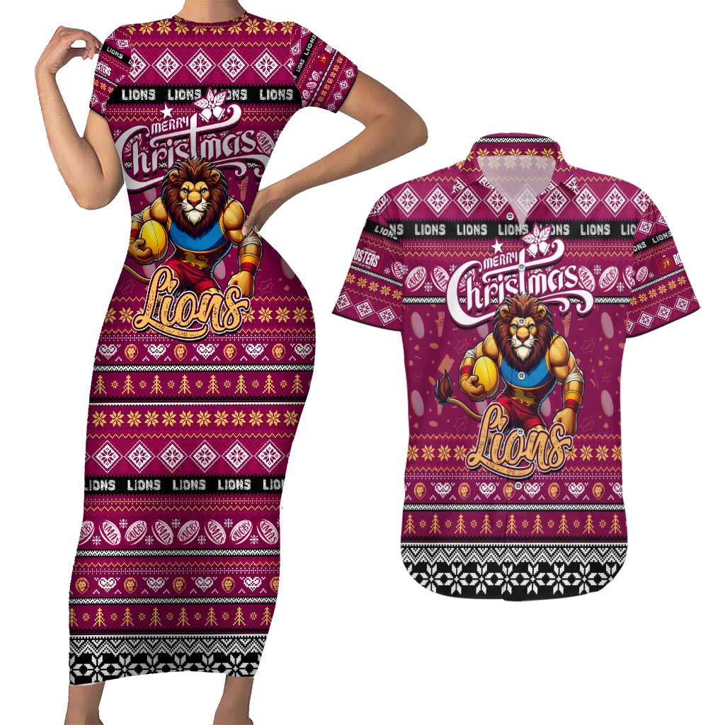 Personalized Lions Rugby Xmas Couples Matching Short Sleeve Bodycon Dress and Hawaiian Shirt Australia AFL Mascot