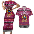Personalized Lions Rugby Xmas Couples Matching Short Sleeve Bodycon Dress and Hawaiian Shirt Australia AFL Mascot