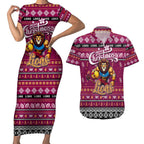 Personalized Lions Rugby Xmas Couples Matching Short Sleeve Bodycon Dress and Hawaiian Shirt Australia AFL Mascot