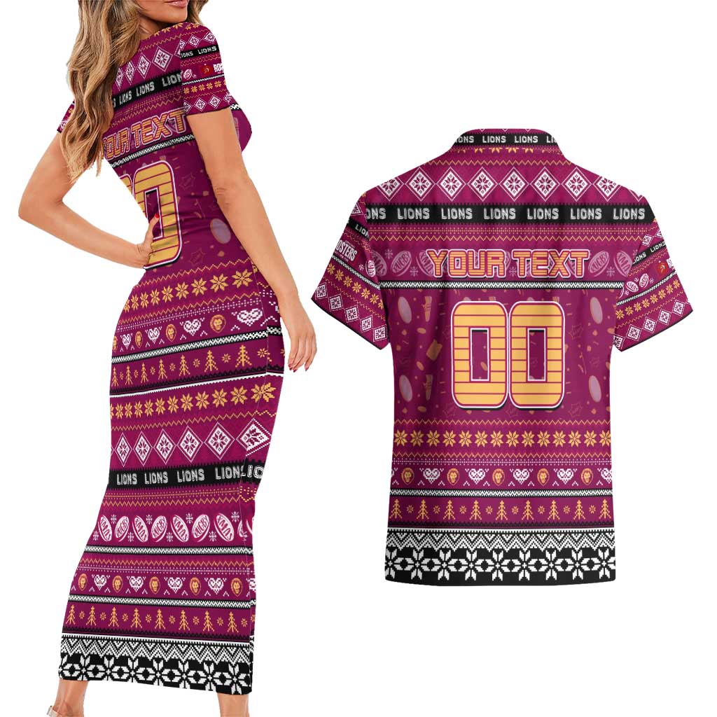 Personalized Lions Rugby Xmas Couples Matching Short Sleeve Bodycon Dress and Hawaiian Shirt Australia AFL Mascot