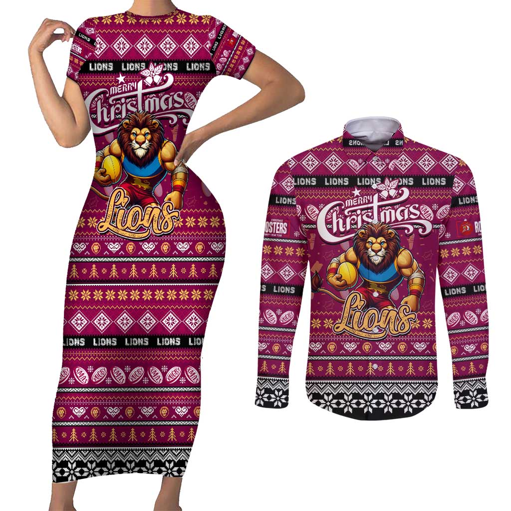 Personalized Lions Rugby Xmas Couples Matching Short Sleeve Bodycon Dress and Long Sleeve Button Shirt Australia AFL Mascot