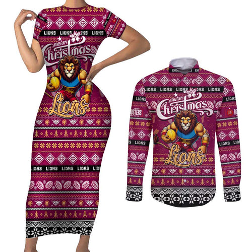 Personalized Lions Rugby Xmas Couples Matching Short Sleeve Bodycon Dress and Long Sleeve Button Shirt Australia AFL Mascot