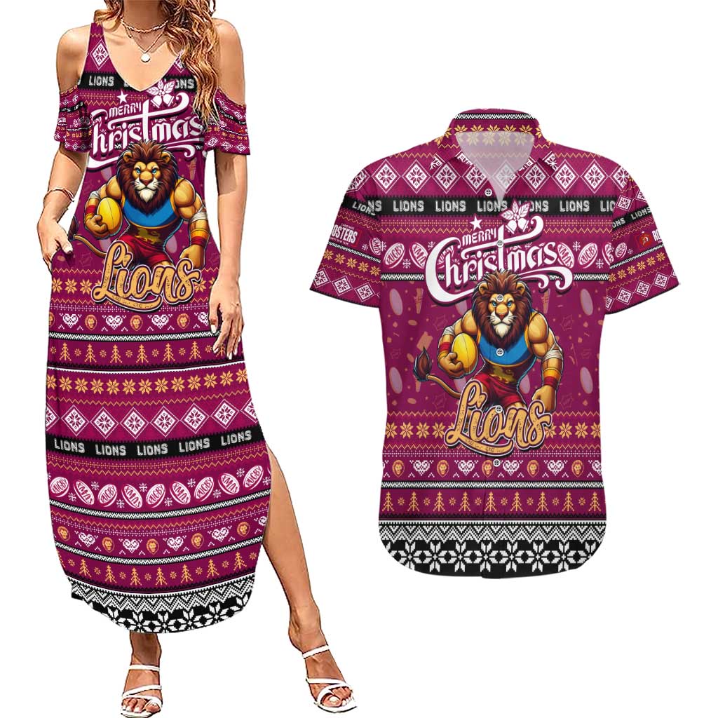 Personalized Lions Rugby Xmas Couples Matching Summer Maxi Dress and Hawaiian Shirt Australia AFL Mascot