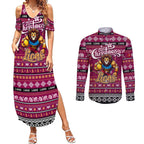 Personalized Lions Rugby Xmas Couples Matching Summer Maxi Dress and Long Sleeve Button Shirt Australia AFL Mascot