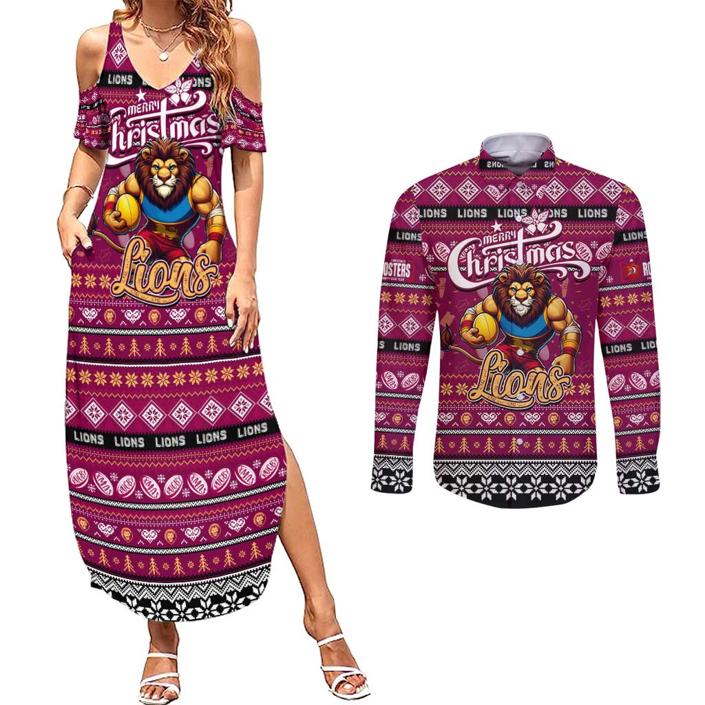 Personalized Lions Rugby Xmas Couples Matching Summer Maxi Dress and Long Sleeve Button Shirt Australia AFL Mascot