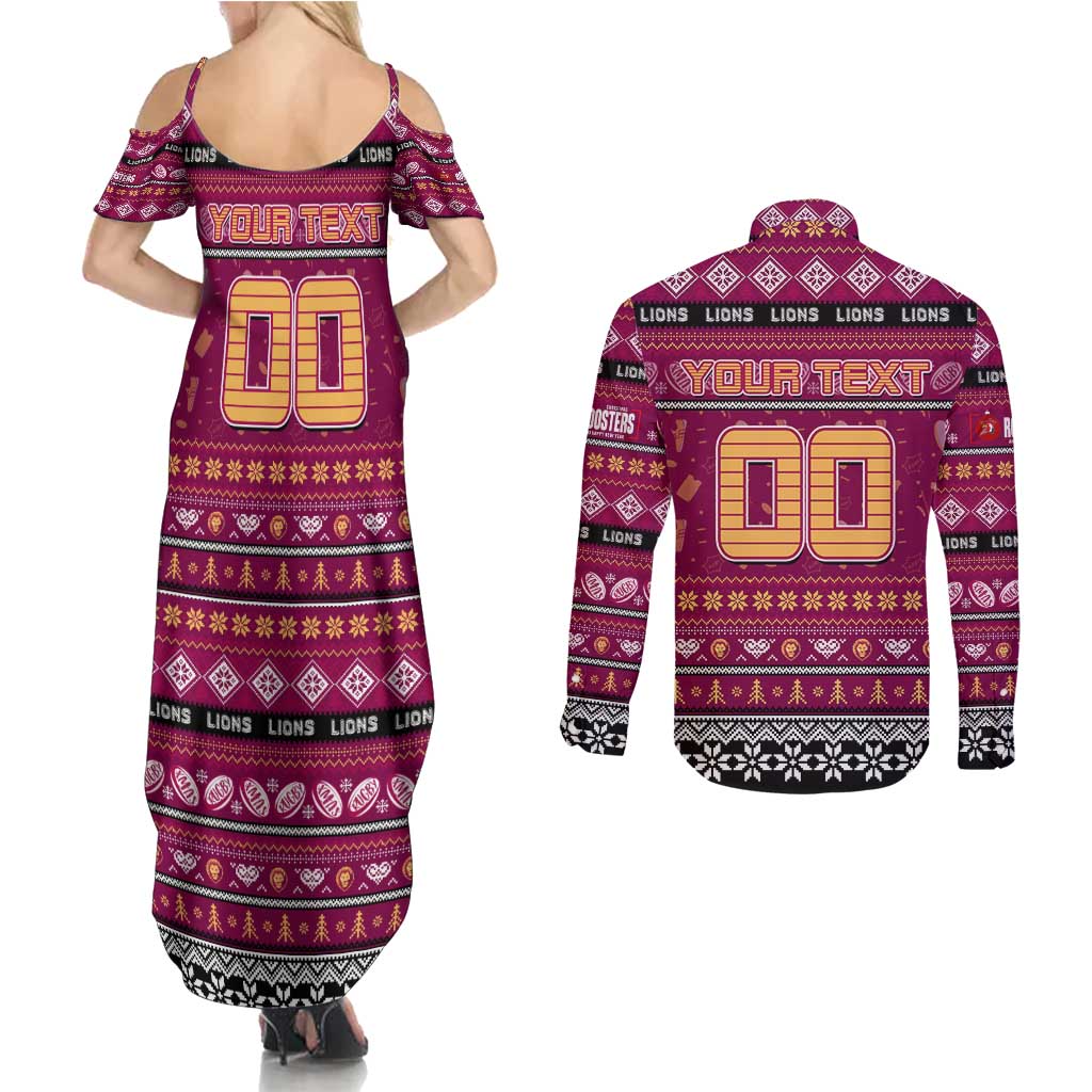 Personalized Lions Rugby Xmas Couples Matching Summer Maxi Dress and Long Sleeve Button Shirt Australia AFL Mascot