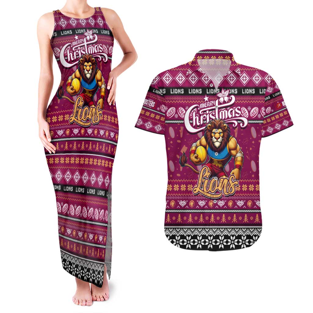 Personalized Lions Rugby Xmas Couples Matching Tank Maxi Dress and Hawaiian Shirt Australia AFL Mascot