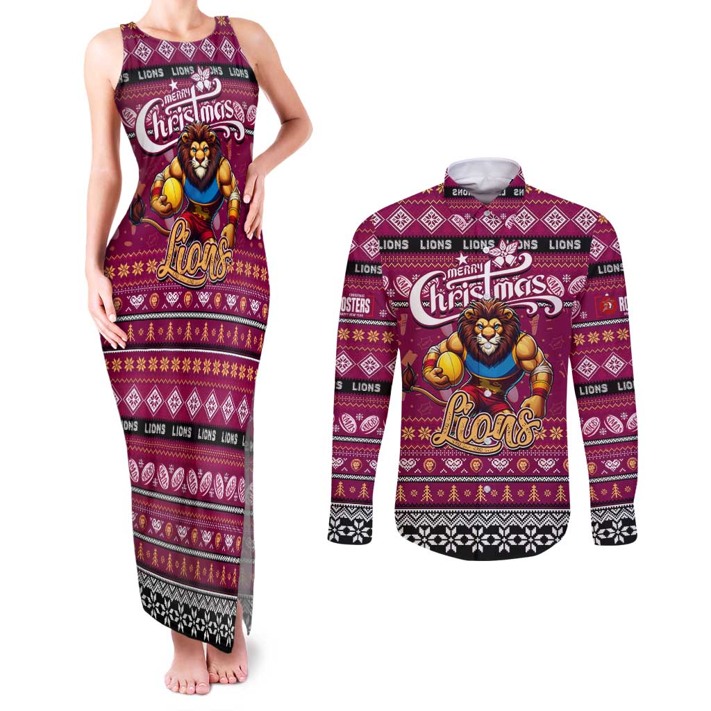 Personalized Lions Rugby Xmas Couples Matching Tank Maxi Dress and Long Sleeve Button Shirt Australia AFL Mascot