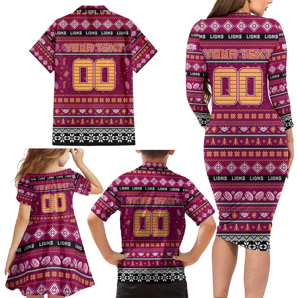 Personalized Lions Rugby Xmas Family Matching Long Sleeve Bodycon Dress and Hawaiian Shirt Australia AFL Mascot