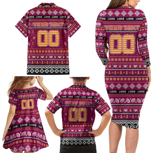 Personalized Lions Rugby Xmas Family Matching Long Sleeve Bodycon Dress and Hawaiian Shirt Australia AFL Mascot