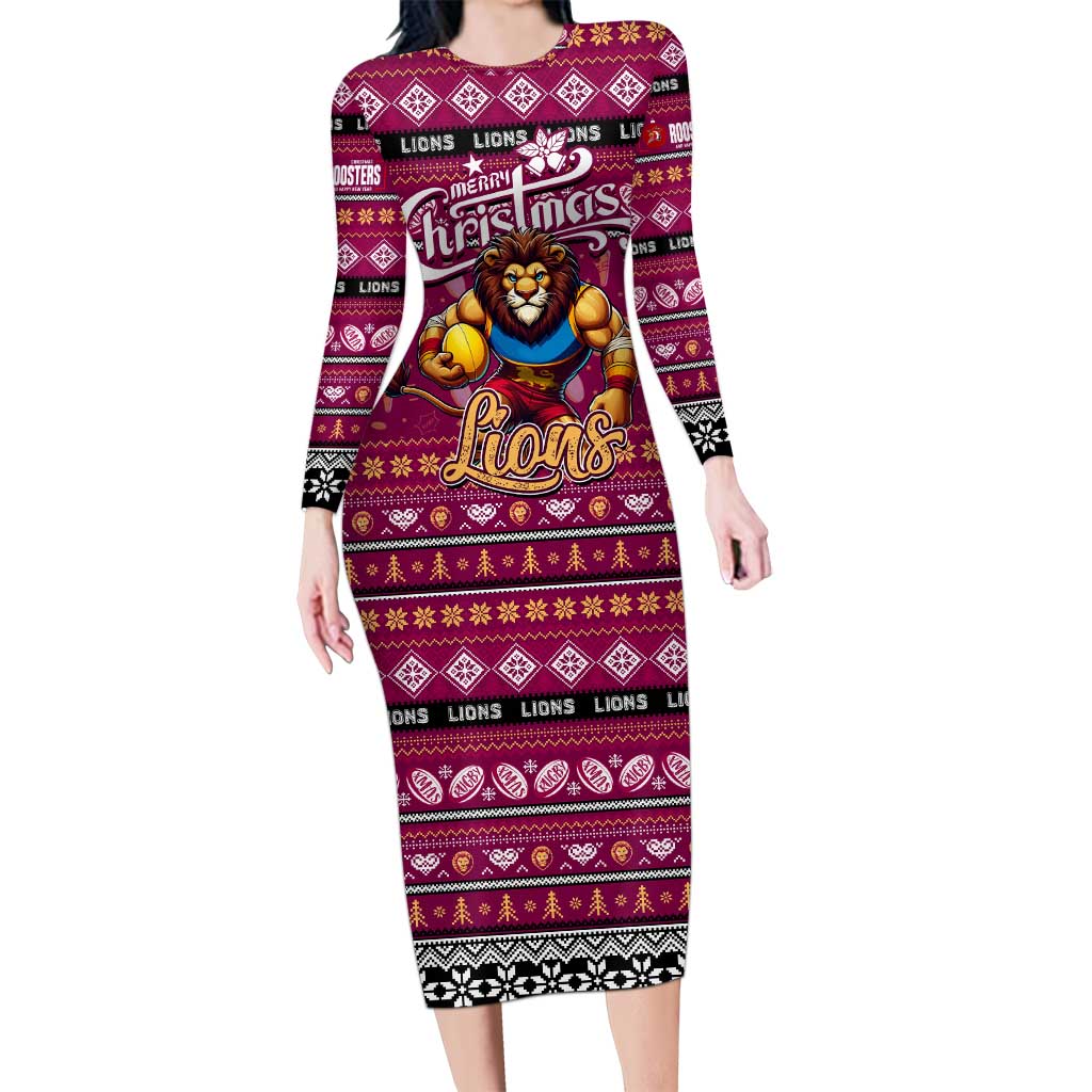 Personalized Lions Rugby Xmas Family Matching Long Sleeve Bodycon Dress and Hawaiian Shirt Australia AFL Mascot