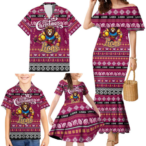 Personalized Lions Rugby Xmas Family Matching Mermaid Dress and Hawaiian Shirt Australia AFL Mascot