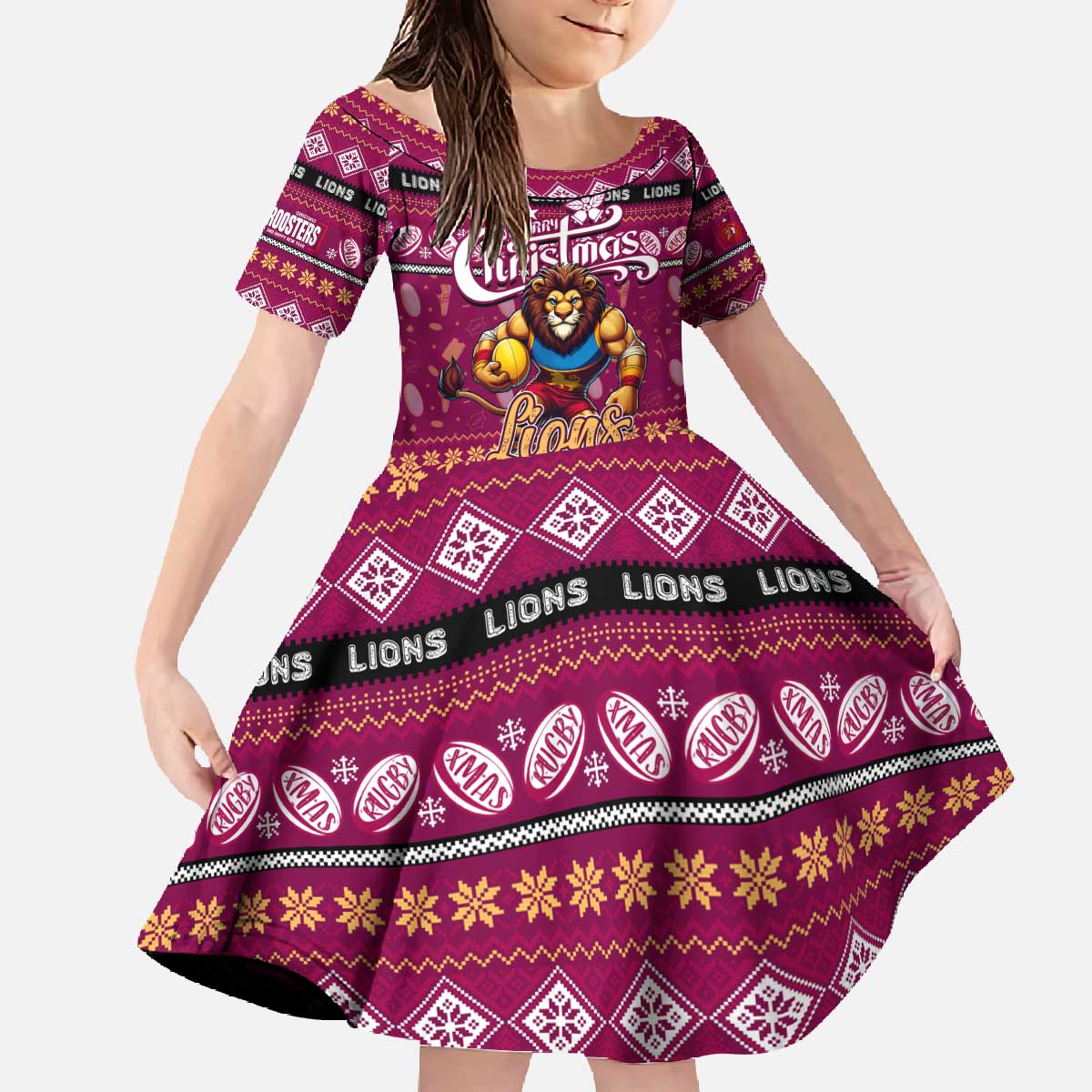 Personalized Lions Rugby Xmas Family Matching Off The Shoulder Long Sleeve Dress and Hawaiian Shirt Australia AFL Mascot