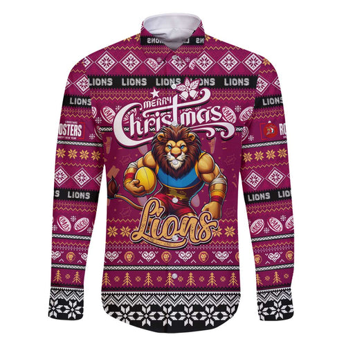 Personalized Lions Rugby Xmas Family Matching Off The Shoulder Long Sleeve Dress and Hawaiian Shirt Australia AFL Mascot