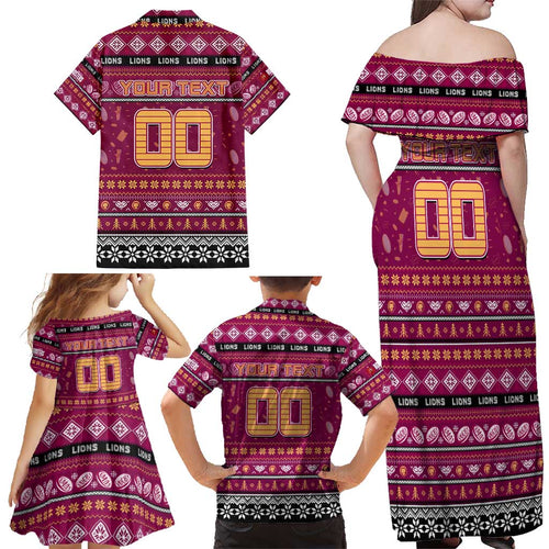 Personalized Lions Rugby Xmas Family Matching Off Shoulder Maxi Dress and Hawaiian Shirt Australia AFL Mascot