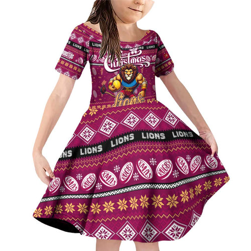 Personalized Lions Rugby Xmas Family Matching Off Shoulder Short Dress and Hawaiian Shirt Australia AFL Mascot