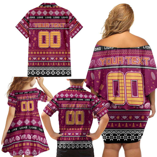 Personalized Lions Rugby Xmas Family Matching Off Shoulder Short Dress and Hawaiian Shirt Australia AFL Mascot