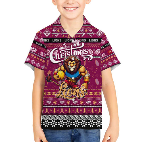 Personalized Lions Rugby Xmas Family Matching Off Shoulder Short Dress and Hawaiian Shirt Australia AFL Mascot