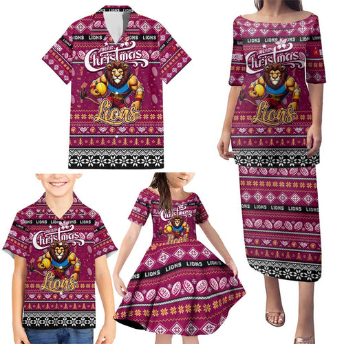 Personalized Lions Rugby Xmas Family Matching Puletasi and Hawaiian Shirt Australia AFL Mascot