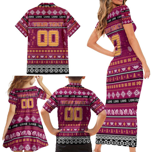 Personalized Lions Rugby Xmas Family Matching Short Sleeve Bodycon Dress and Hawaiian Shirt Australia AFL Mascot