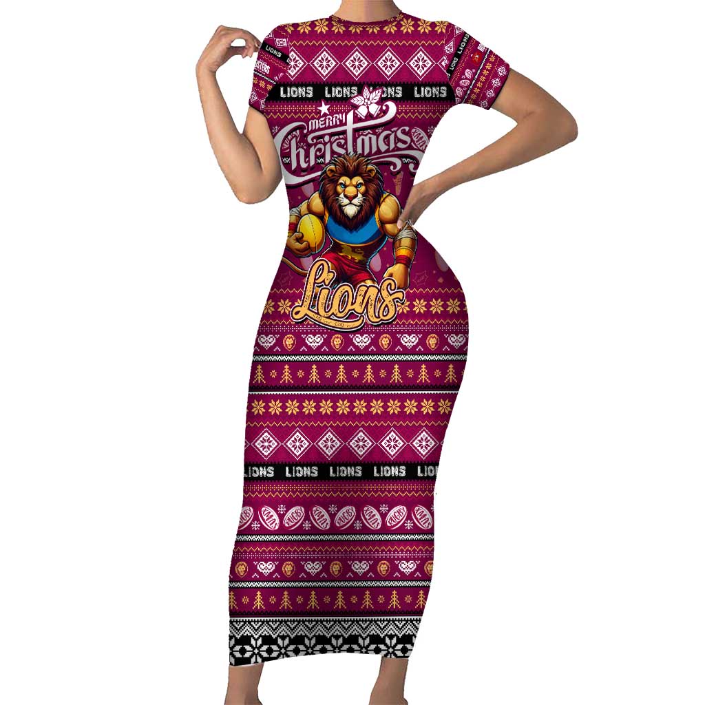 Personalized Lions Rugby Xmas Family Matching Short Sleeve Bodycon Dress and Hawaiian Shirt Australia AFL Mascot