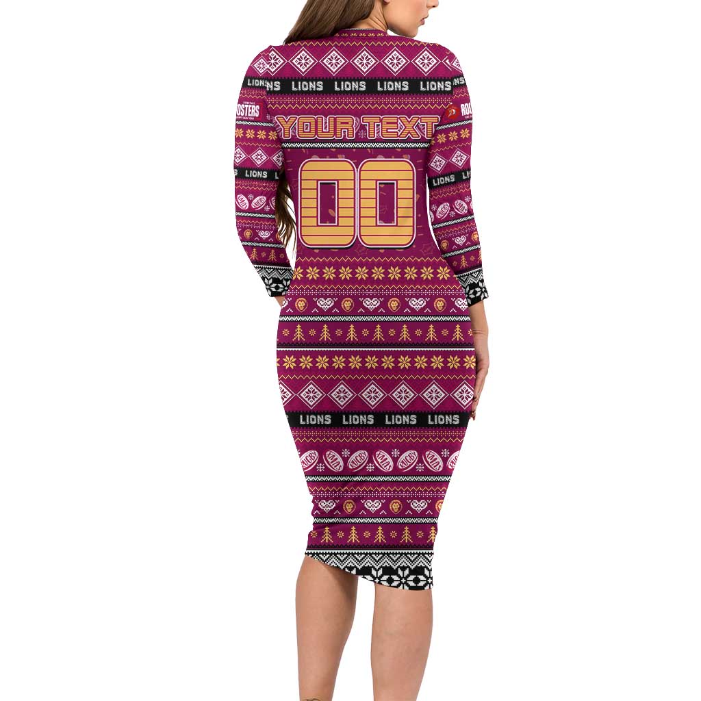 Personalized Lions Rugby Xmas Long Sleeve Bodycon Dress Australia AFL Mascot
