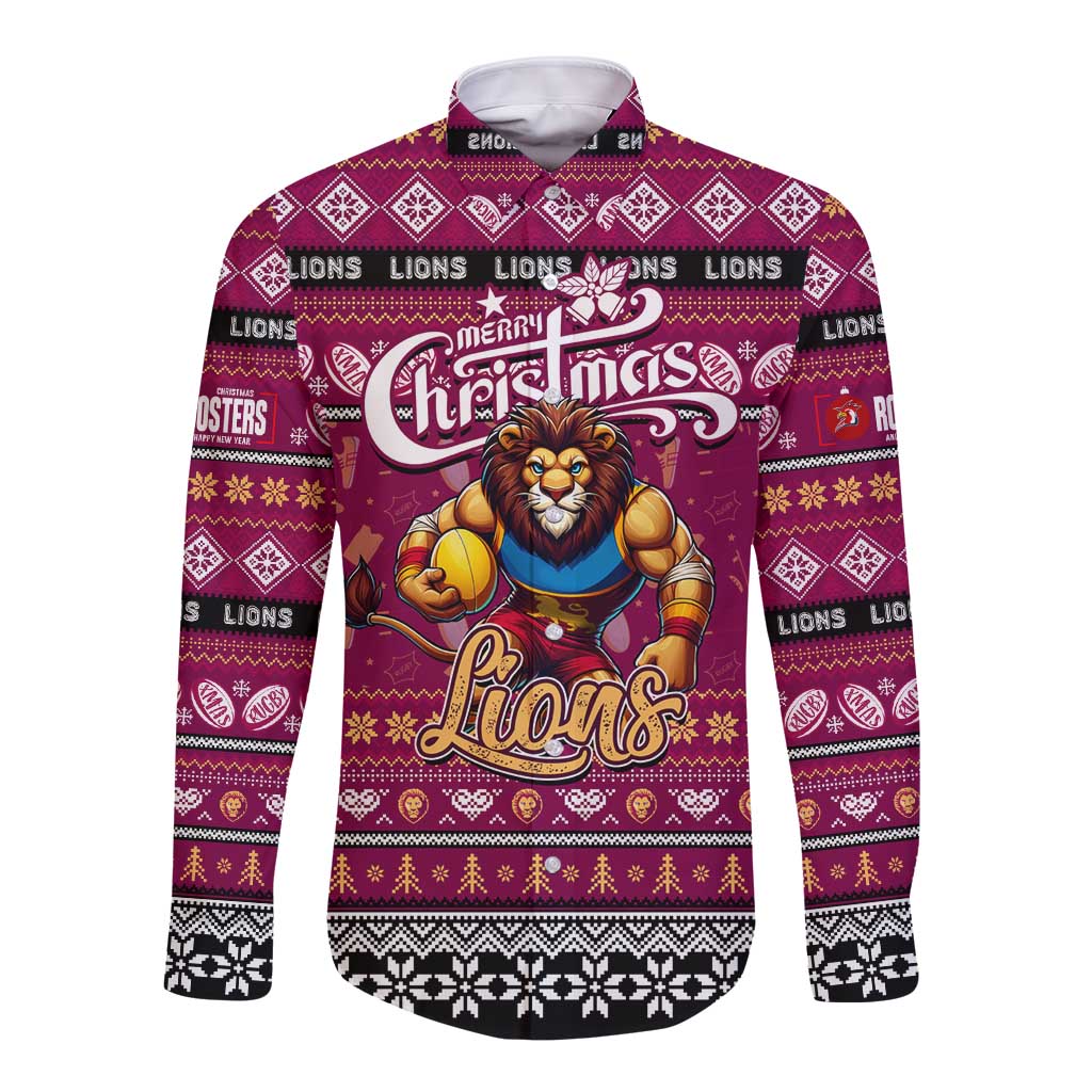 Personalized Lions Rugby Xmas Long Sleeve Button Shirt Australia AFL Mascot