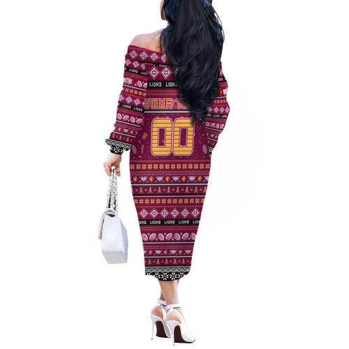 Personalized Lions Rugby Xmas Off The Shoulder Long Sleeve Dress Australia AFL Mascot