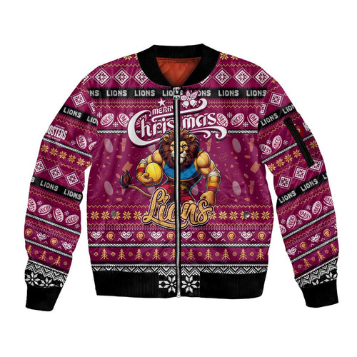 Personalized Lions Rugby Xmas Sleeve Zip Bomber Jacket Australia AFL Mascot