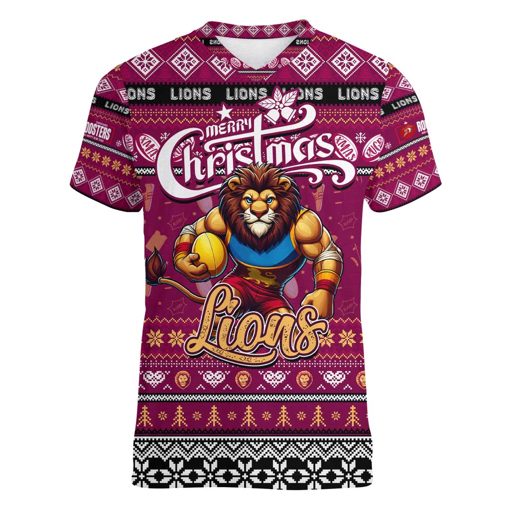 Personalized Lions Rugby Xmas Women V-Neck T-Shirt Australia AFL Mascot