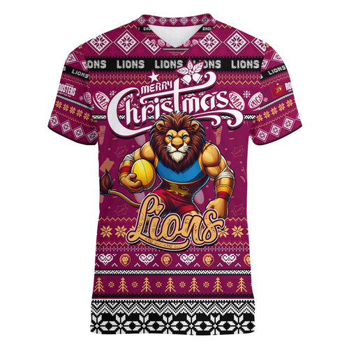 Personalized Lions Rugby Xmas Women V-Neck T-Shirt Australia AFL Mascot
