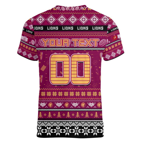 Personalized Lions Rugby Xmas Women V-Neck T-Shirt Australia AFL Mascot