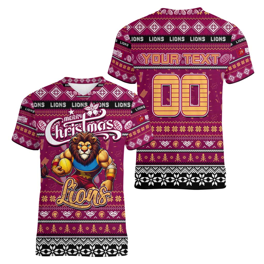 Personalized Lions Rugby Xmas Women V-Neck T-Shirt Australia AFL Mascot