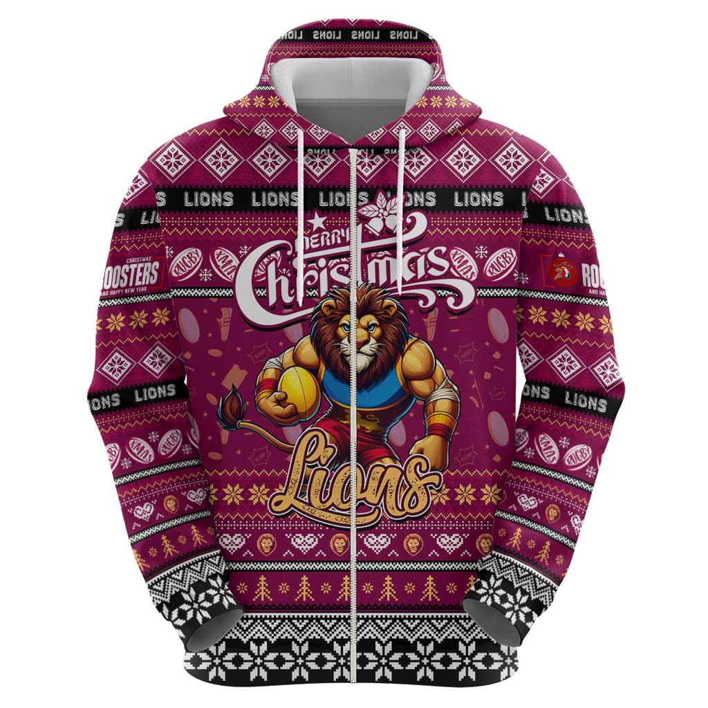 Personalized Lions Rugby Xmas Zip Hoodie Australia AFL Mascot