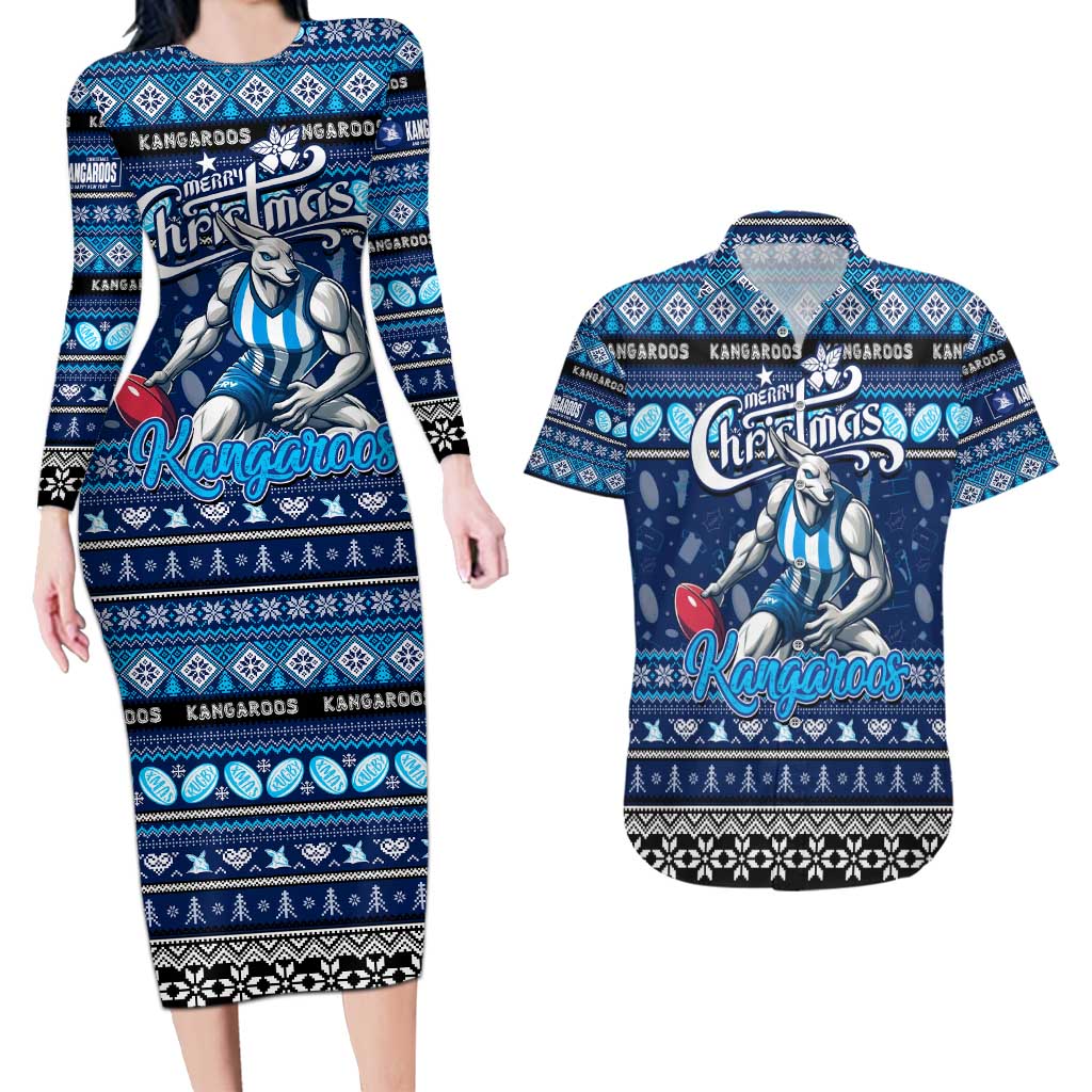 Personalized Kangaroos Rugby Xmas Couples Matching Long Sleeve Bodycon Dress and Hawaiian Shirt Australia AFL Mascot