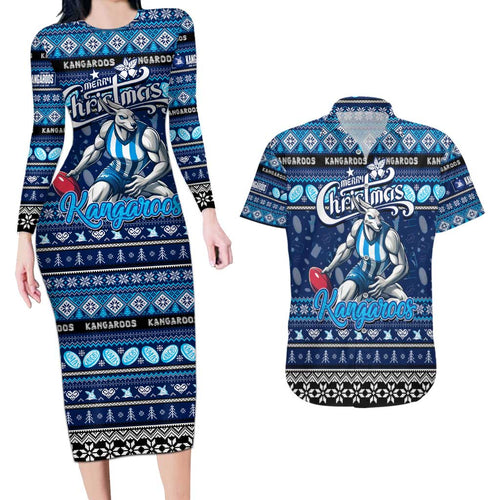 Personalized Kangaroos Rugby Xmas Couples Matching Long Sleeve Bodycon Dress and Hawaiian Shirt Australia AFL Mascot