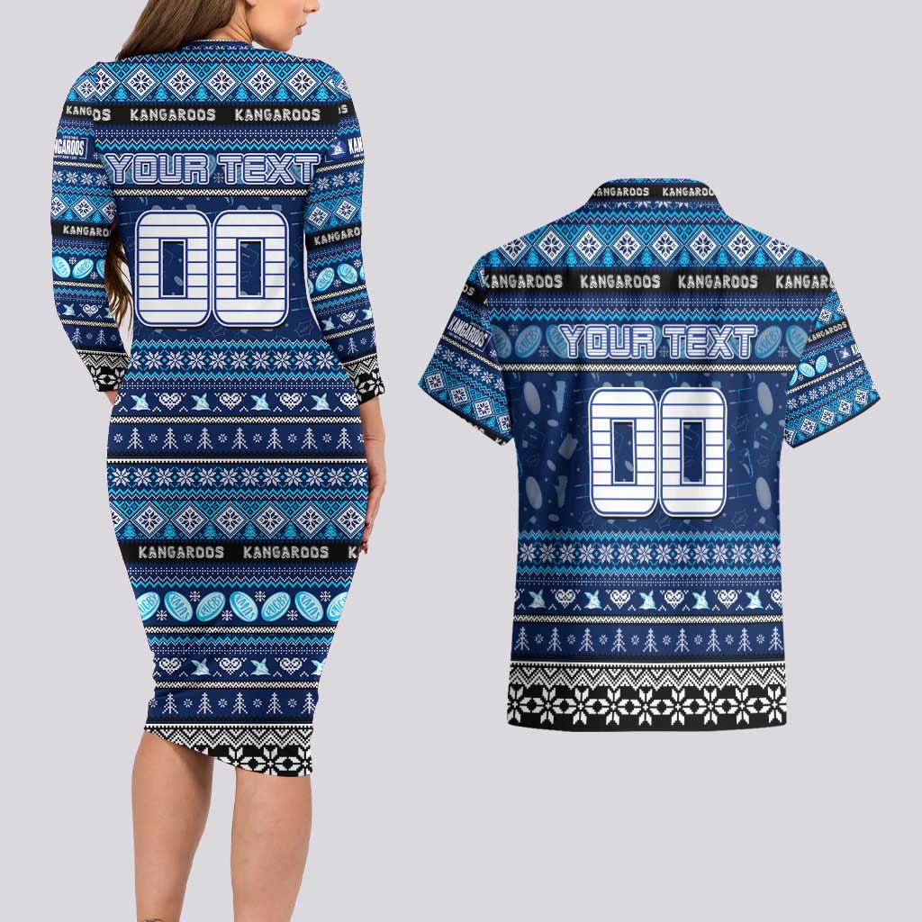 Personalized Kangaroos Rugby Xmas Couples Matching Long Sleeve Bodycon Dress and Hawaiian Shirt Australia AFL Mascot