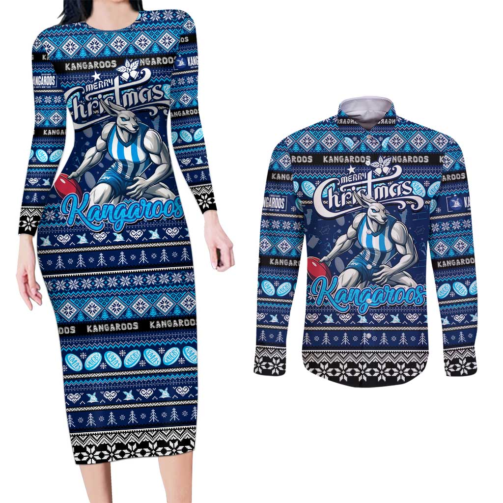Personalized Kangaroos Rugby Xmas Couples Matching Long Sleeve Bodycon Dress and Long Sleeve Button Shirt Australia AFL Mascot
