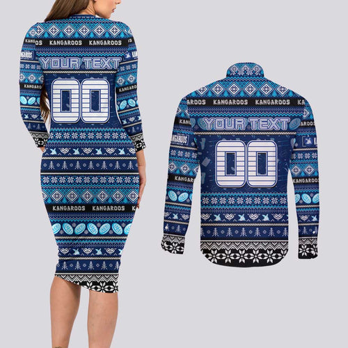 Personalized Kangaroos Rugby Xmas Couples Matching Long Sleeve Bodycon Dress and Long Sleeve Button Shirt Australia AFL Mascot