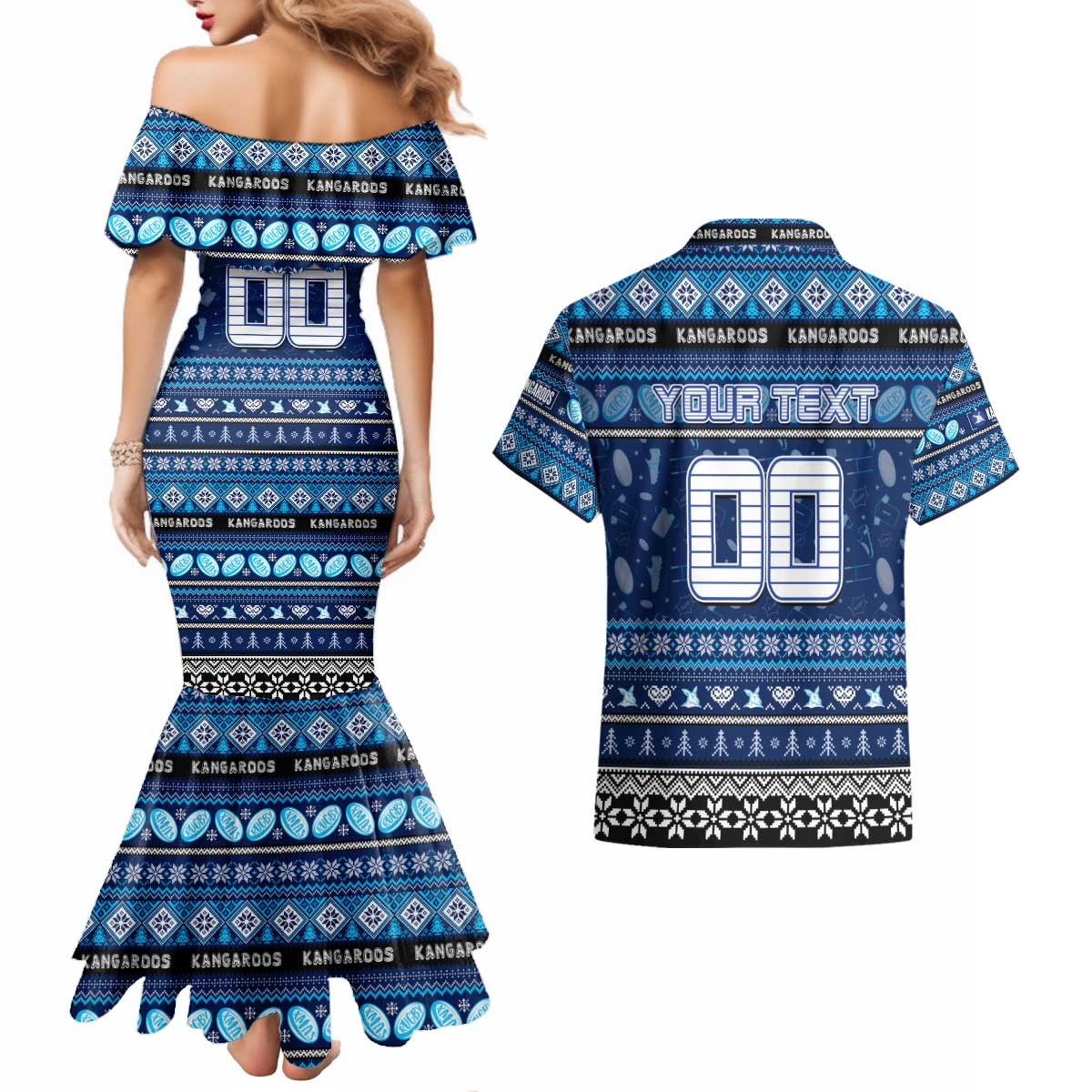 Personalized Kangaroos Rugby Xmas Couples Matching Mermaid Dress and Hawaiian Shirt Australia AFL Mascot