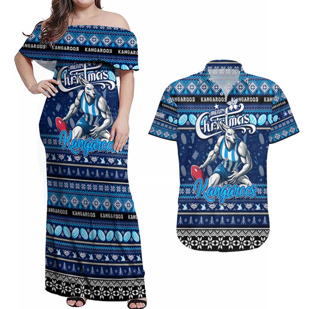 Personalized Kangaroos Rugby Xmas Couples Matching Off Shoulder Maxi Dress and Hawaiian Shirt Australia AFL Mascot