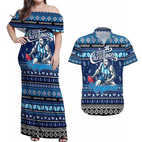 Personalized Kangaroos Rugby Xmas Couples Matching Off Shoulder Maxi Dress and Hawaiian Shirt Australia AFL Mascot